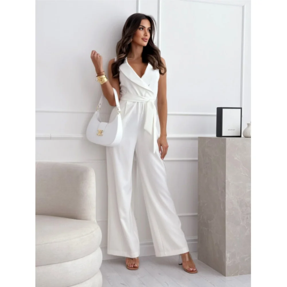 

Elegant Women Jumpsuit 2024 Summer Commuter Waist Tie Up Jumpsuit Wide Leg Pants Salopettes Femmes Été Monos Para Mujeres Verano