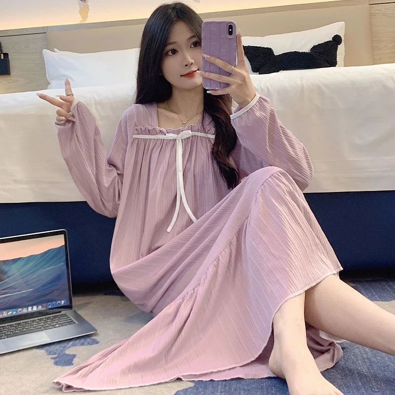 2024 New Long-sleeved Nightgown Women Summer Thin Long-sleeved Square Neck Pajamas Loose Homewear Spring Autumn Sleepshirts