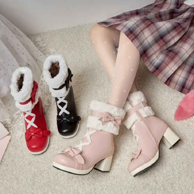 

Sianie Tianie Sexy Winter Warm Women Shoes Faux Fur Plush Platform Block High Heels Mid-calf Woman Snow Boots With Bowtie Knot