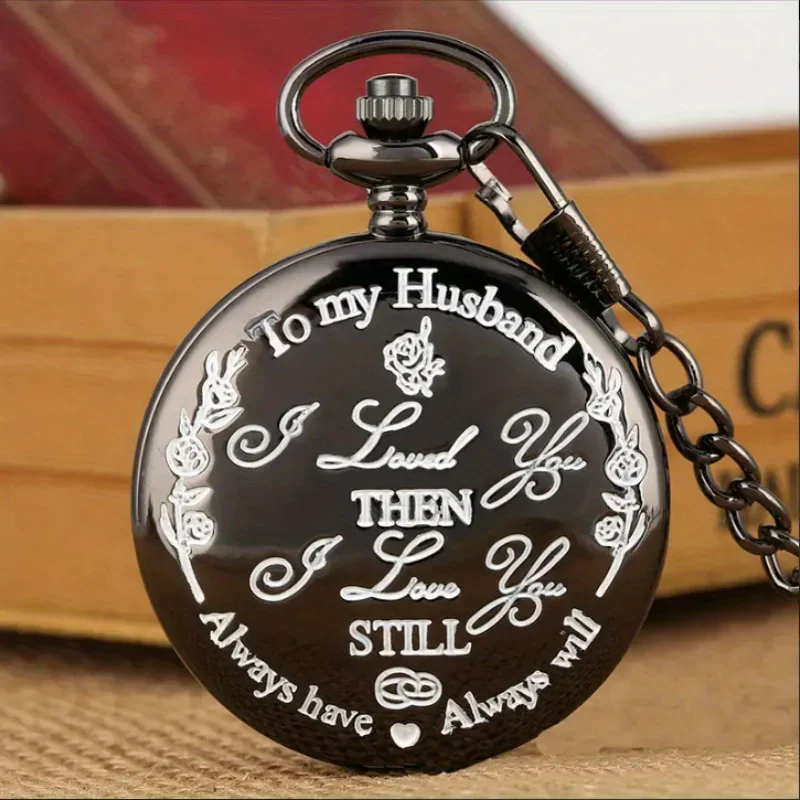 1pc To My Husband Engraved Lettering Retro Chain Quartz Pocket Watch Best Gift For Husband