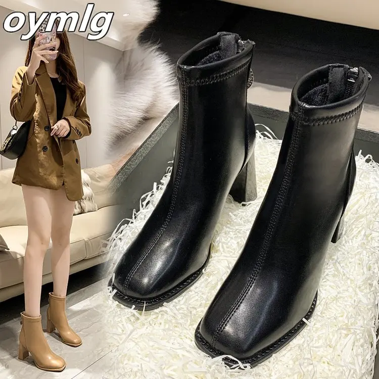 2023 New Boots Autumn and Winter Fashion Square Head Short Boots Women's High Heel Boots