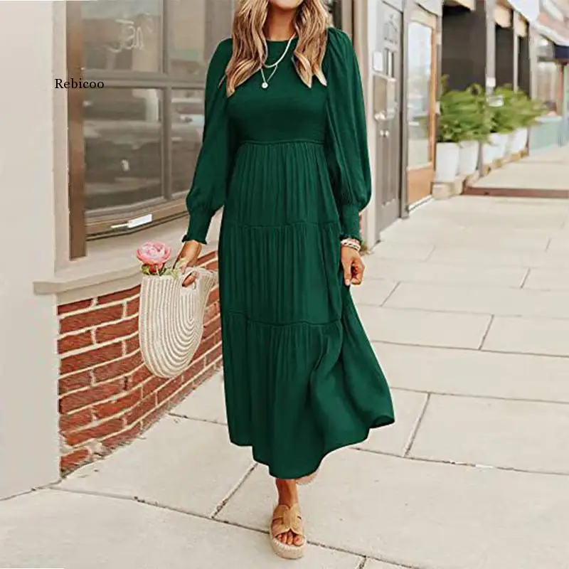 

Spring Autumn Elegant Fashion Long Sleeve Shirring A-line Casual Midi Dresses Women Beach Holiday Solid Dress Robe Femme