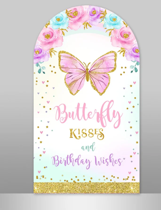 Butterfly Kisses Baby Wishes Double Sided Arch Cover Photo Background Floral Birthday Photography Background Gold Photo Studio