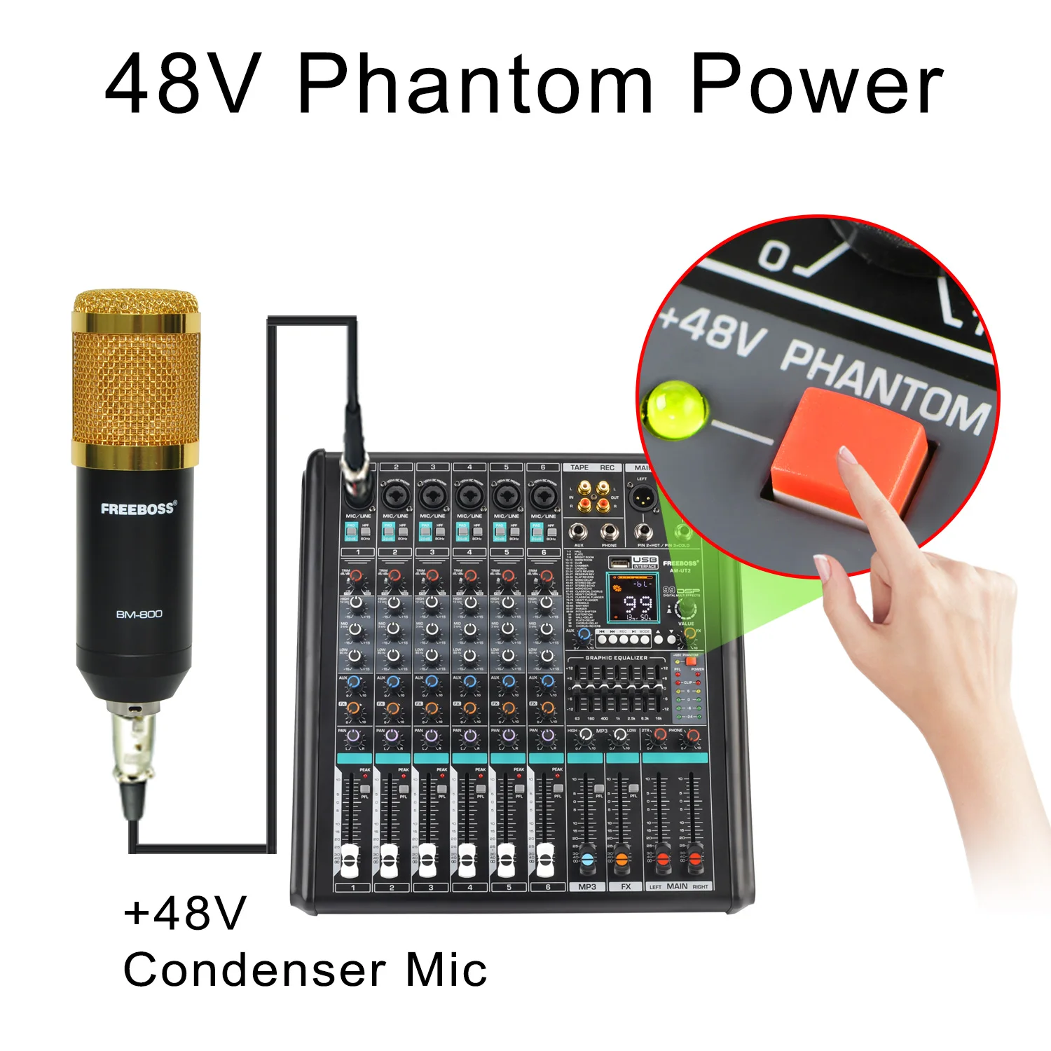 6 Mono Channel Mixing Console Monitor 99 DSP Effect Bluetooth Audio Table 7 Band EQ USB Record Sound Mixer Desk AM-UT2 audio mixer