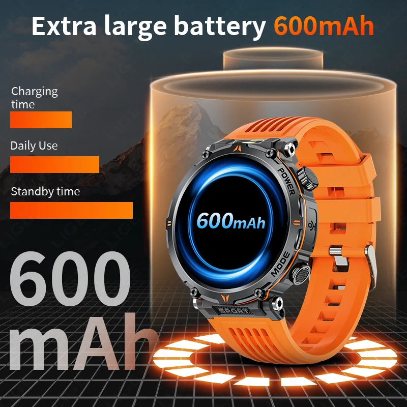 LIGE 2025 Military Smartwatch Men IP68 Bluetooth Call Outdoor Sports Fitness Track 600Mah LED Light Smartwatch For Android IOS