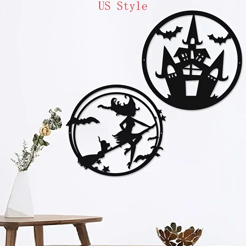 

Metal Home Decoration Halloween Witch Cat Bat Castle Pattern Frameless Pendant Creative Iron Art Metal Wall Hanging Decoration G