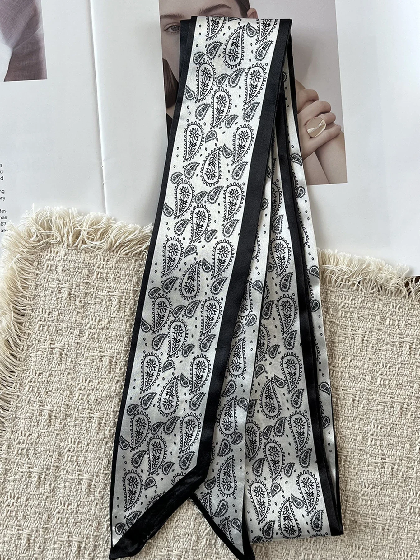 Modischer langer Schal mit Cashew-Print, Vintage-Stil, vielseitiger schmaler Schal mit Seidenschal, multifunktionaler dekorativer Damenschal, Haarband – Detail 6