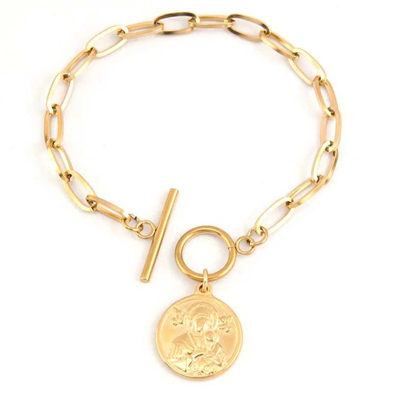 

Stainless Steel Bracelet for Women, Virgin Mary, Our Lady of Perpetual Help, Amulet Charm, Toggle Buckle, 1 PC, Jewelry