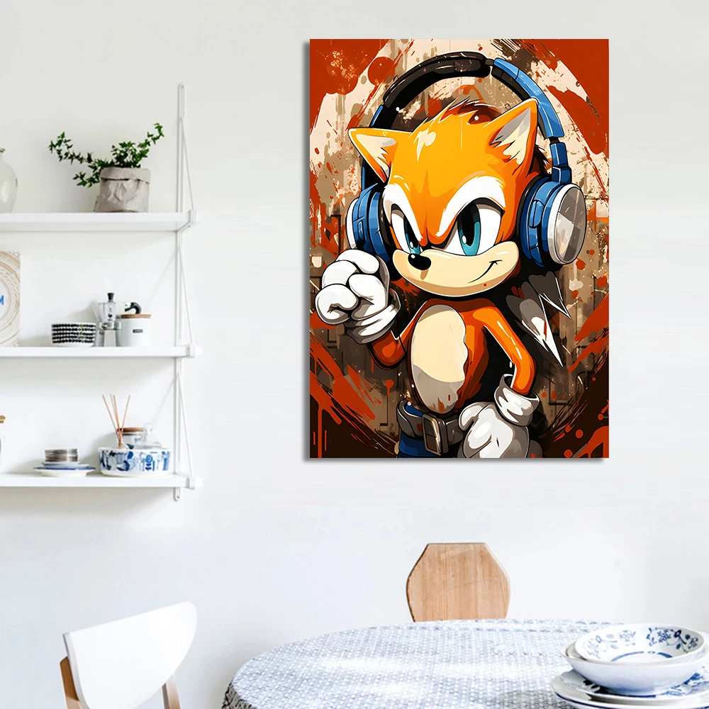 thumbnail image 1 of Lindo póster de erizo de anime con auriculares, pintura en lienzo con grafiti de animales para sala de estar, decoración del hogar, mural, regalo para niños, 1 of 4
