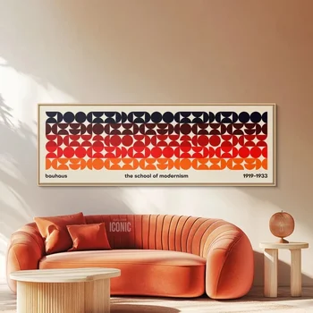 Stampa panoramica su tela moderna della metà del secolo senza cornice Bauhaus Art |   Ampio arte da parete per tela da soggiorno |   Composizione semicerchi