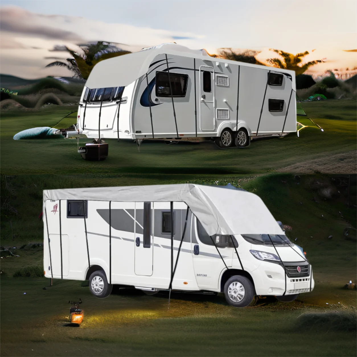 Housse Protection Toit Camping-Car 6x6,5m Oxford 210D - Bâche Étanche Universelle