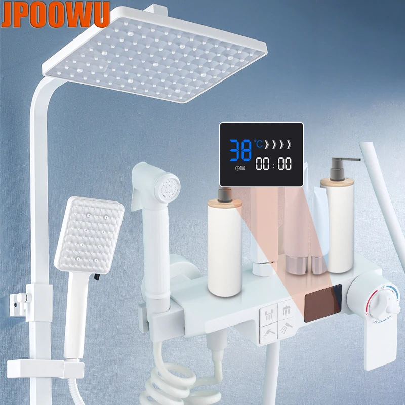 

White LED Digital Shower Set Hot Cold Mixer Shower System Bathroom Wall Mount Square Head Tap Bathtub Rain Thermostatic Faucets