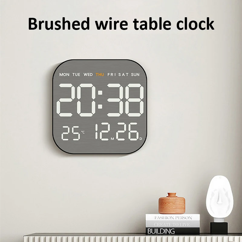 Wall Clock Mirror Brushed Finish Silent Table Alarm Temp Display Bedroom Office Living Room Decor