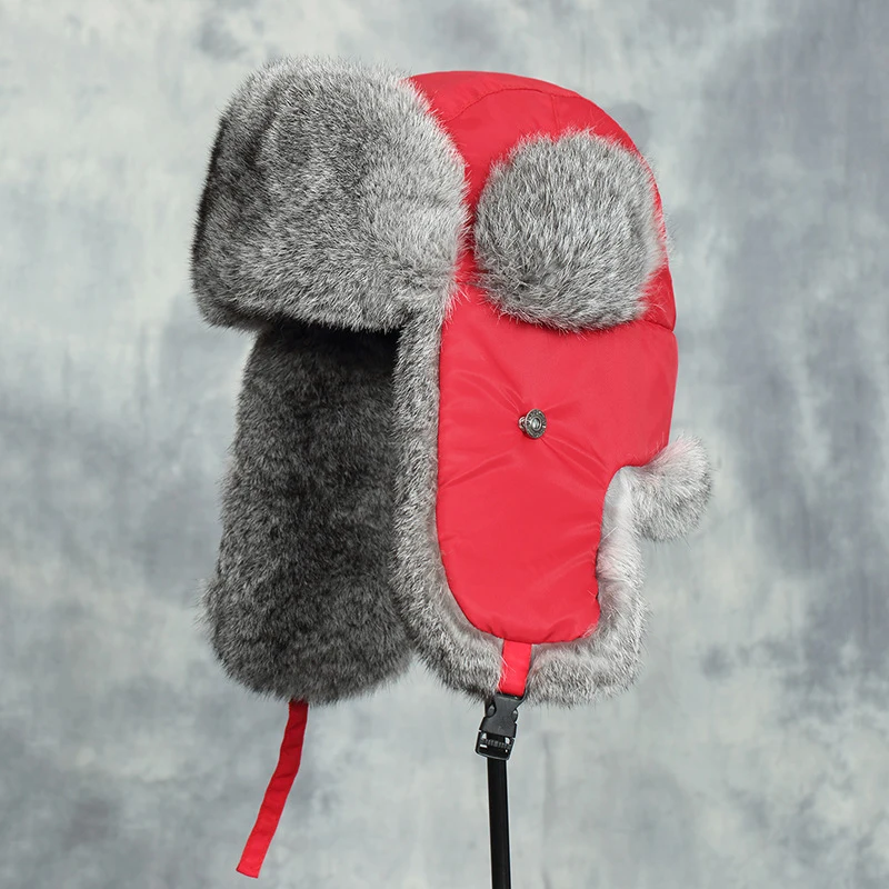 Russia Winter Real fur Hat Unisex Outdoor Windproof Super Warm Real Rabbit Fur Bomber Hats Natural Soft Natural Rabbit Fur Caps 6
