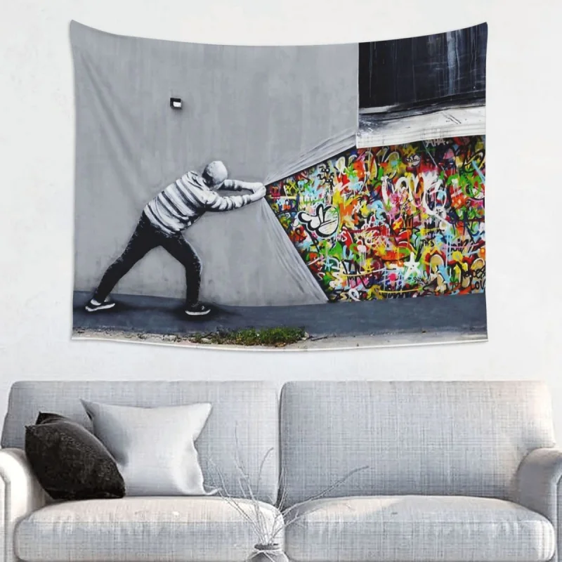 

Banksy Uncovering Graffiti Tapestry Hippie Fabric Wall Hanging Wall Decor Beach Mat Witchcraft Wall Carpet