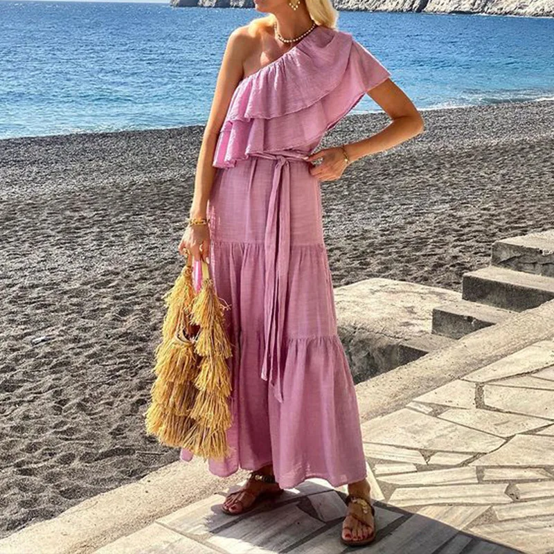 

Women Sexy Diagonal Collar Tie-up Long Dress Summer Elegant One Shoulder Sleeve Maxi Dress 2024 Fashion Pleat Solid Party Dress