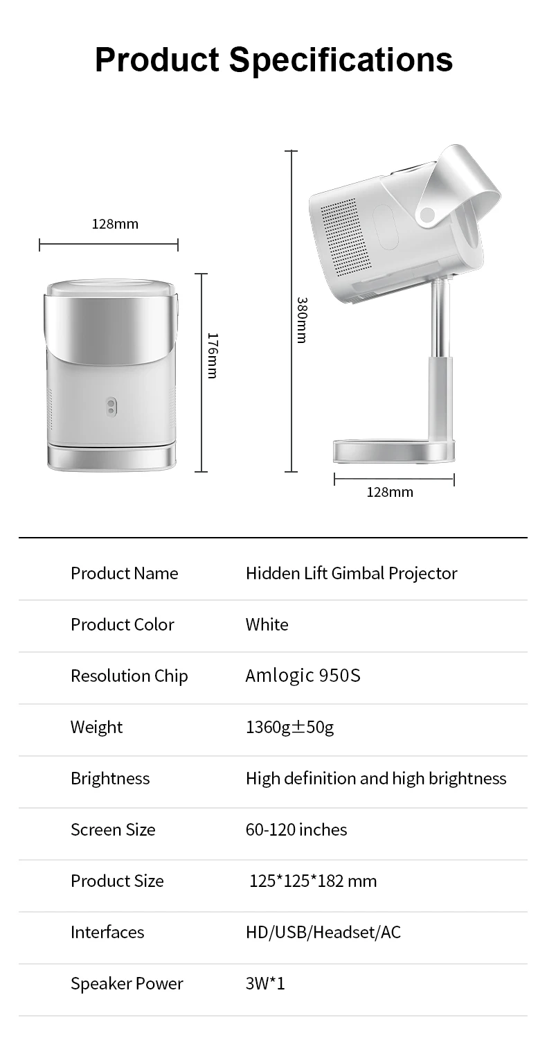 Smart Mini Gimbal Projector 4K Portable with Wifi 6 Bluetooth 5.0 Android 13 Aut