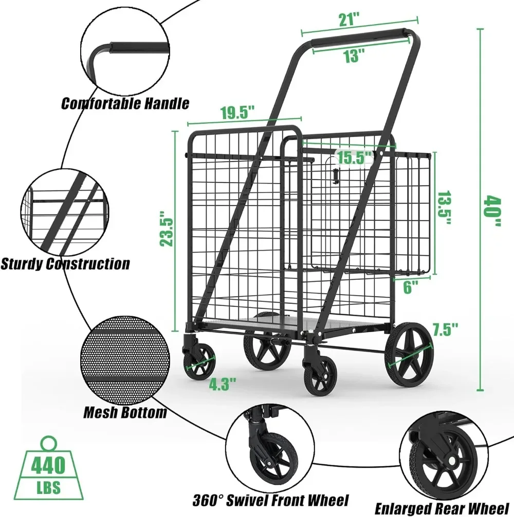 Shopping Cart for Groceries 30.7 Gallons Folding Grocery Cart with Waterproof Bag 360&deg; Swivel Wheels & Double Basket Portable