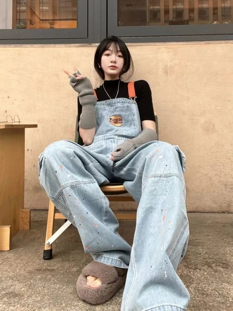 Spring Autumn New Washed Jean Jumpsuit Women Korean Loose Embroidery Splashed Ink Straight Denim Overalls Woman New