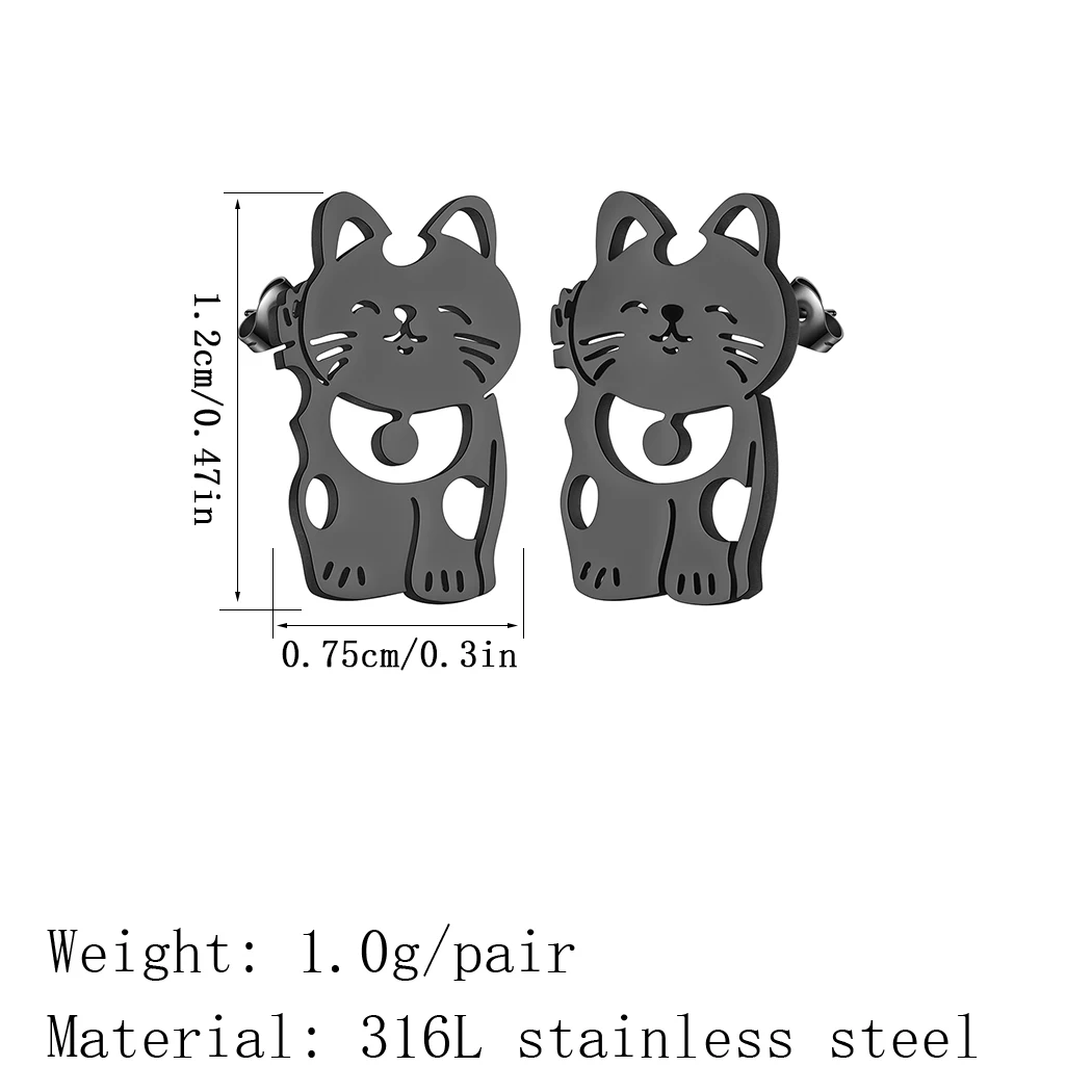 QIMING Lovely Animal Fortune Cat Stud Earrings Women Stainless Steel Jewelry Girls Good Luck Earrings Gift 2