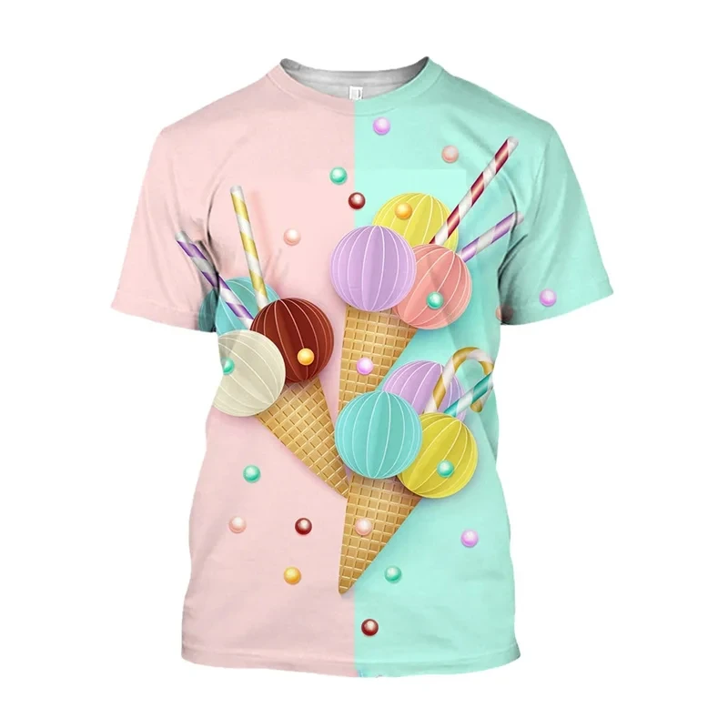 

New Ice Cream Strawberry Chocolate 3D Printed Graphic T-shirt Fun Food Casual Short Sleeve Little Girl Top Cartoon T-shirt