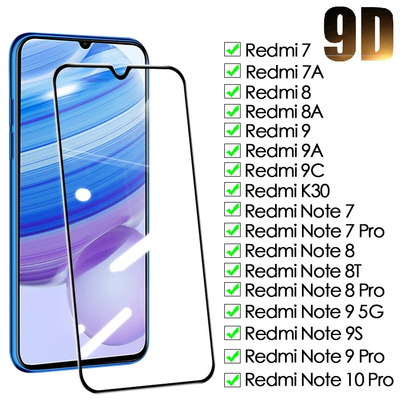 

9D Protective For Xiaomi Note 8T 9S 10 Pro Tempered Screen Protector Redmi 7 7A 8 8A 9 9A 9C Safety Glass Film