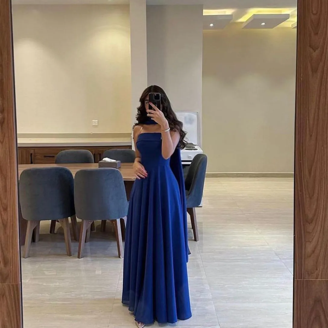 

Элегантные длинные синие вечерние платья без бретелек, шифоновое плиссированное платье-трапеция в пол для гостей свадьбы для женщин
