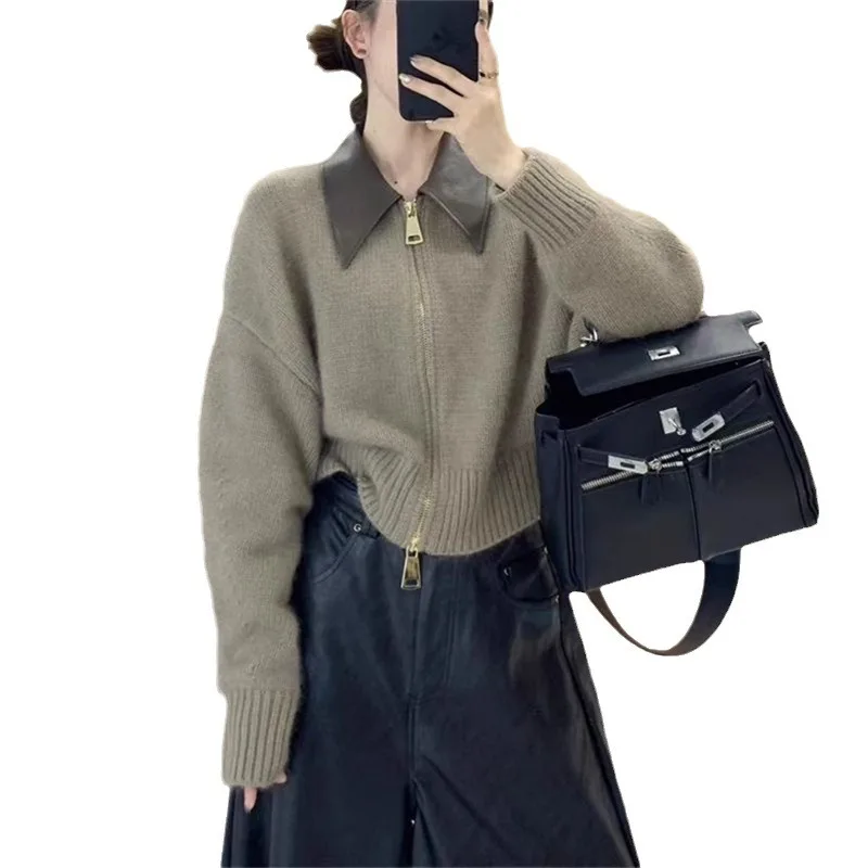 Women PU Leather Knitted Sweater Cardigan