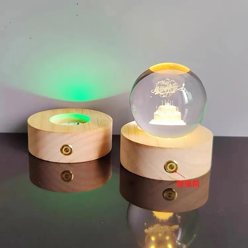 Touch Color Lights Led Lamp Base 8cm 10cm Round Wooden Display Holder with Led Lights for Crystal Glass Resin Balls led lights lamp holder lamp bulb holder lamp base led lamp base