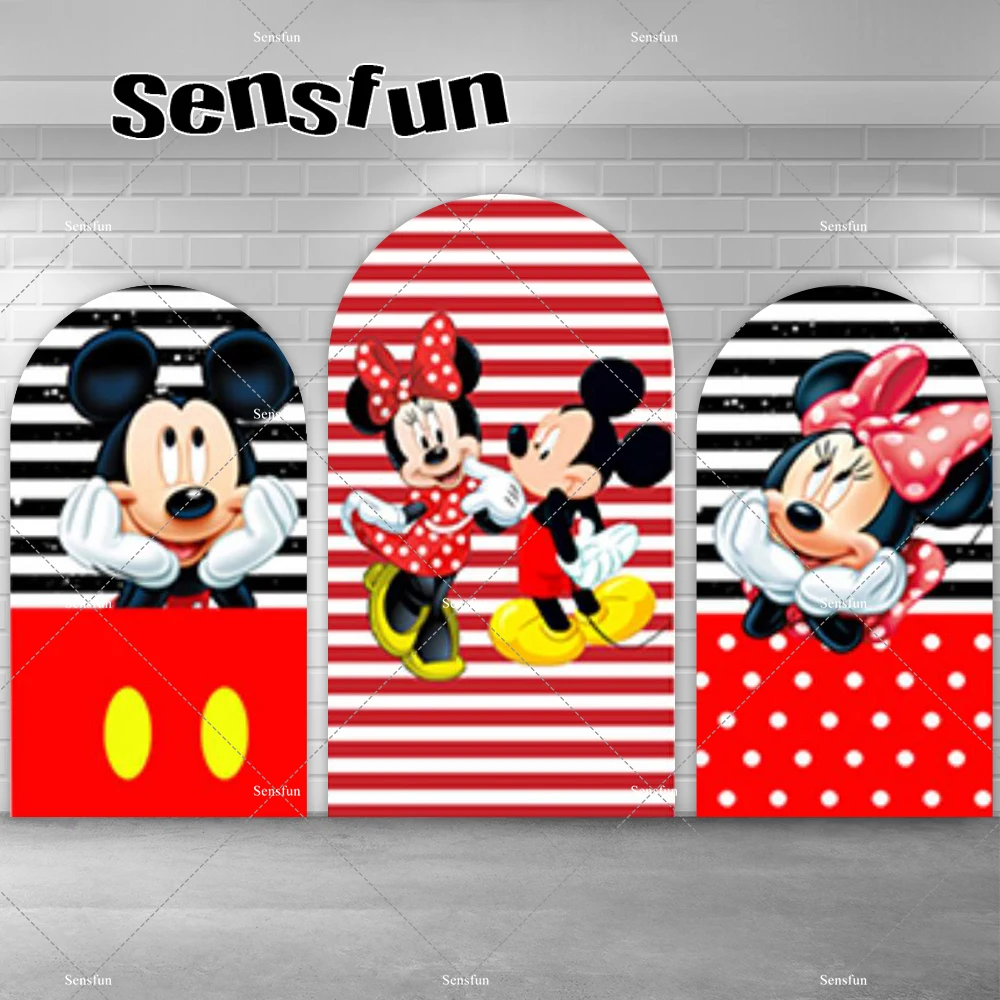 

Mickey Minnie Arch Backdrop Cover Red Black White Striped Kids Gender Reveal Birthday Party Chiara Background For Photography