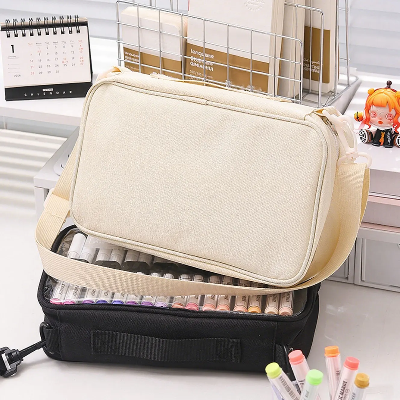 1개 마커 펜 전용 보관 가방 필통, 투명하고 간단한 색상의 휴대용 핸드백, 64개 펜 수납 대용량