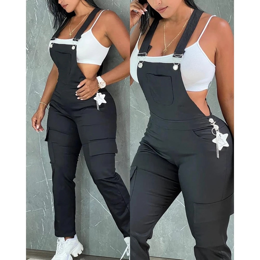 Women pocket Design Sleeveless Suspender Jumpsuit Summer Female Sleeveless Black Overalls One-pieces Casual Outfits Elegant y2k women beach suspender loose denim jumpsuits 2021 denim overalls sleeveless high waist wide leg playsuits jeans female streetwear