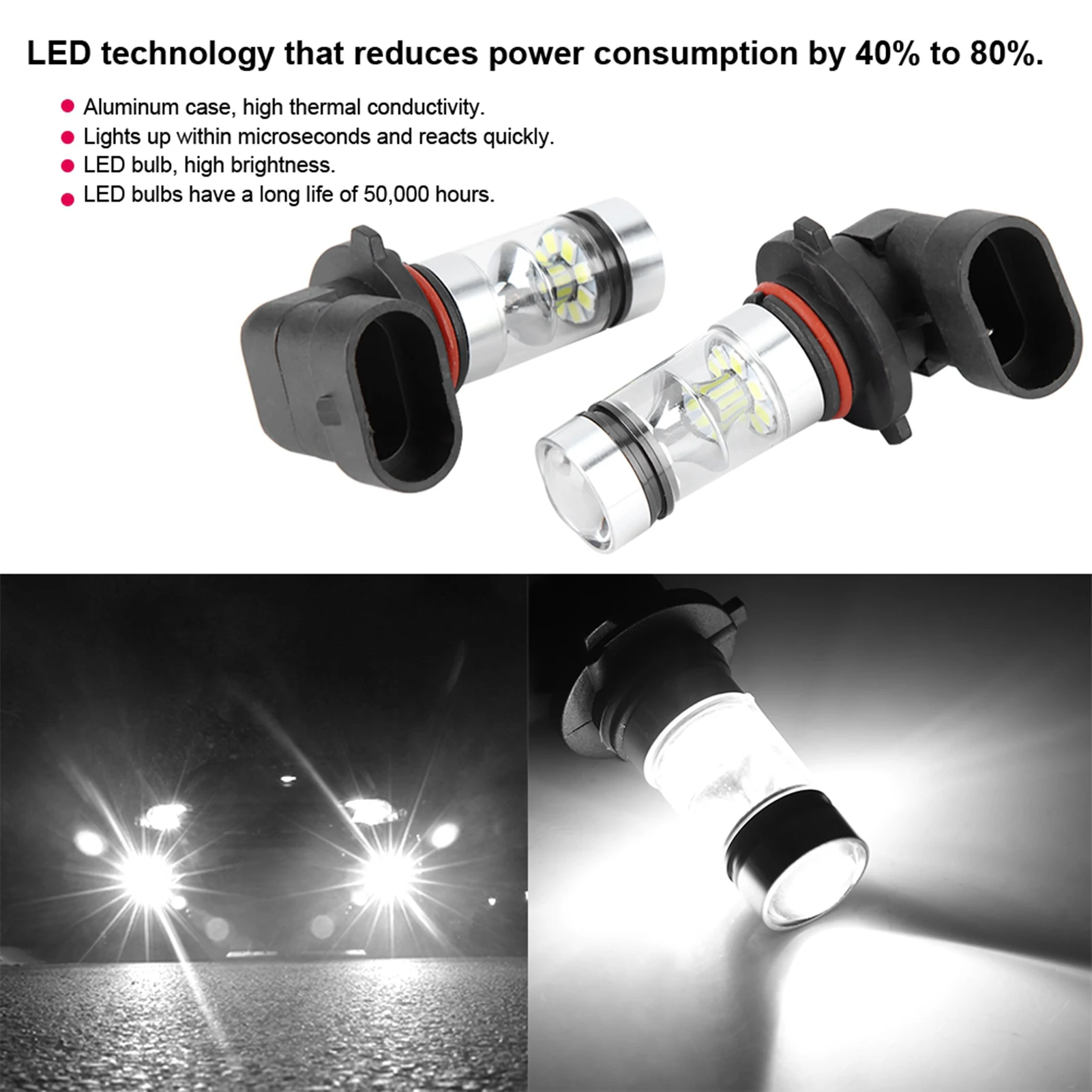 백색 LED 고휘도 헤드라이트 전구 키트, 안개등, 자동차 운전 램프, 9006, HB4, 100W, 2 개