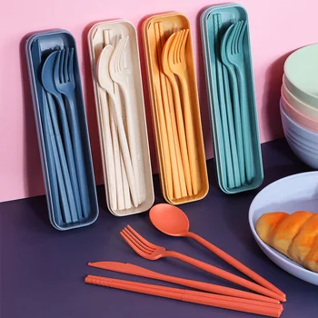 4Pcs Wheat Straw Dinnerware Set Portable Tableware Knife Fork Spoon Eco-Friendly Travel Cutlery Set Utensil Box Chopsticks Set 1