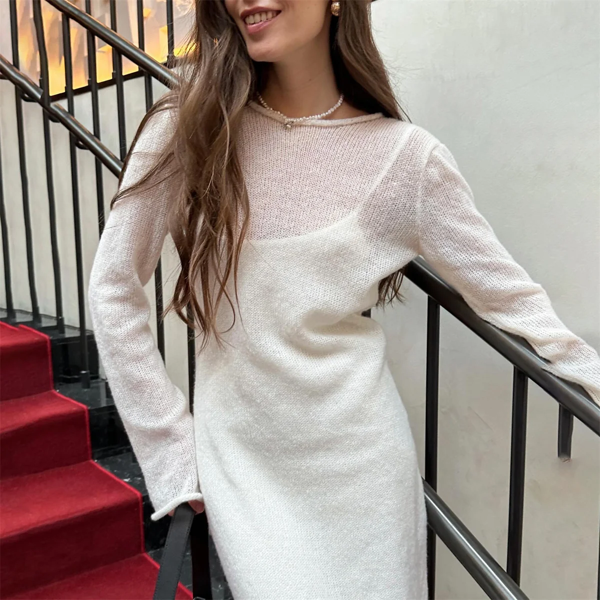 Femme O넥 신축성 니트 롱 드레스, 우아한 시크, 부드러운 레이디 할로우 스웨터, 슬링 원피스 세트, 용수철 가을, 2024 신상
