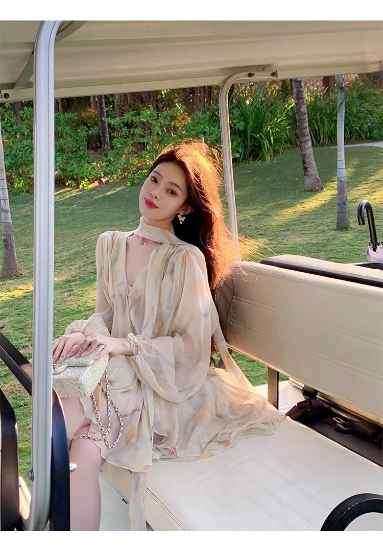 Elegant Chiffon Short Dresses for Women V-neck Lantern Sleeves Ruffles A-line Summer New Holiday Style Printed Vestidos Mujer