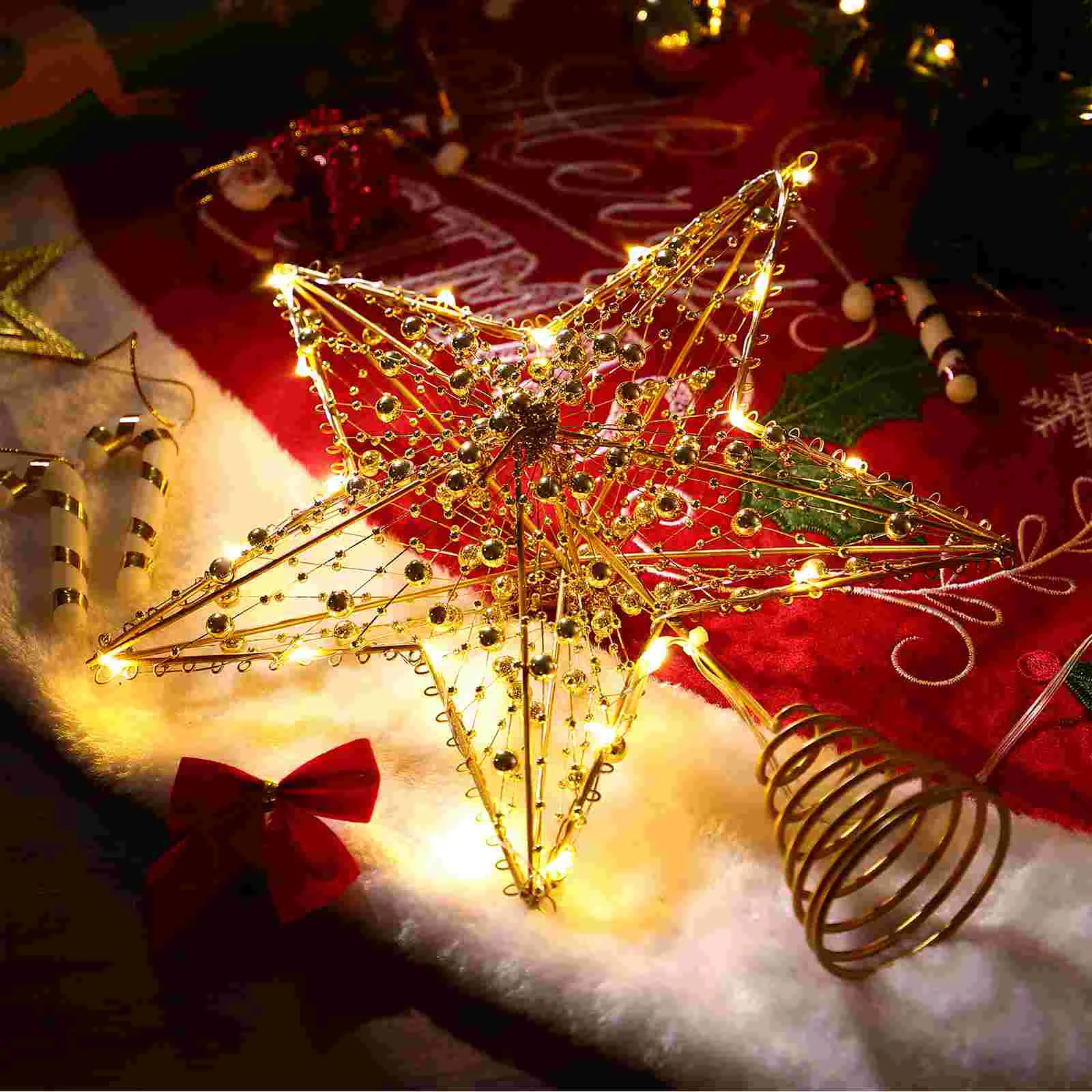 

STOBOK Xmas Tree Star Topper Hollow Beaded Topper Lighted Star with LED Lights Christmas Tree Decor