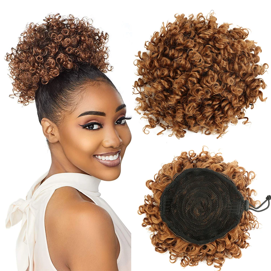 Afro Puff Hair Bun Chignon Accessories Short Drawstring Ponytail Synthetic Kinky Curly Ponytail Wrap On Hair Pieces For Women