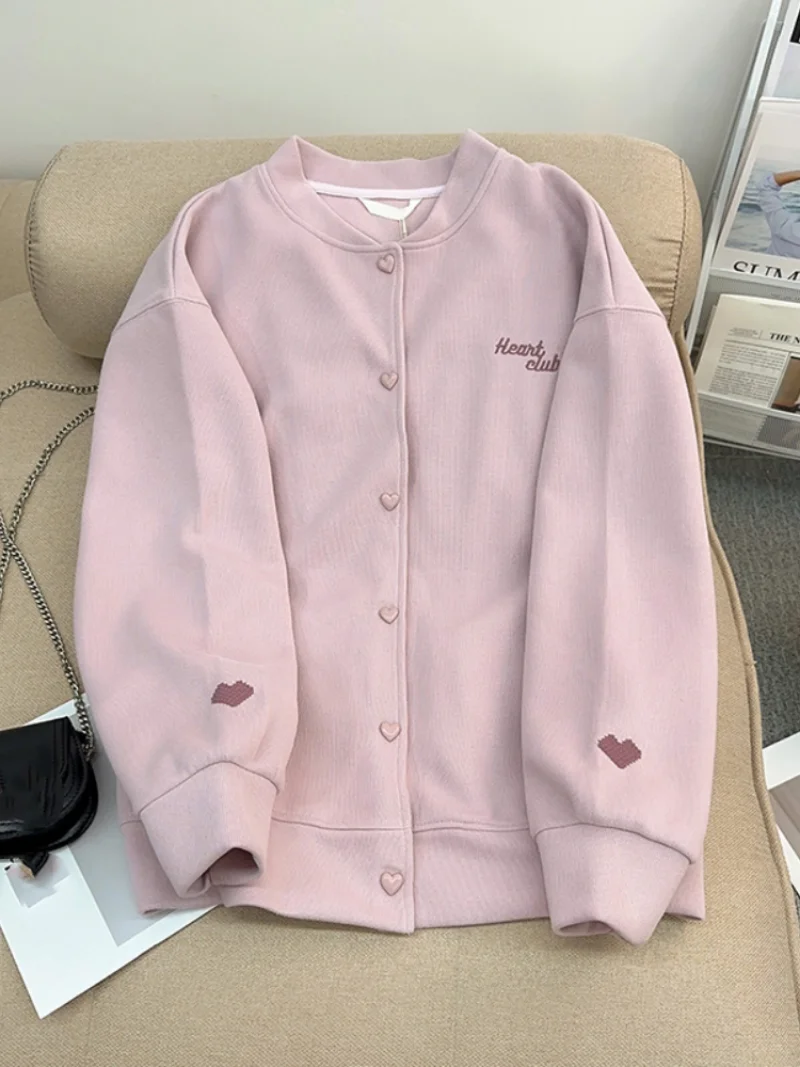 

Fashion Trendy Embroidery Single-breasted Women's Sweatshirt Coat Solid V-neck Autumn Women Cardigan Aesthetics Pink Sweatshirt