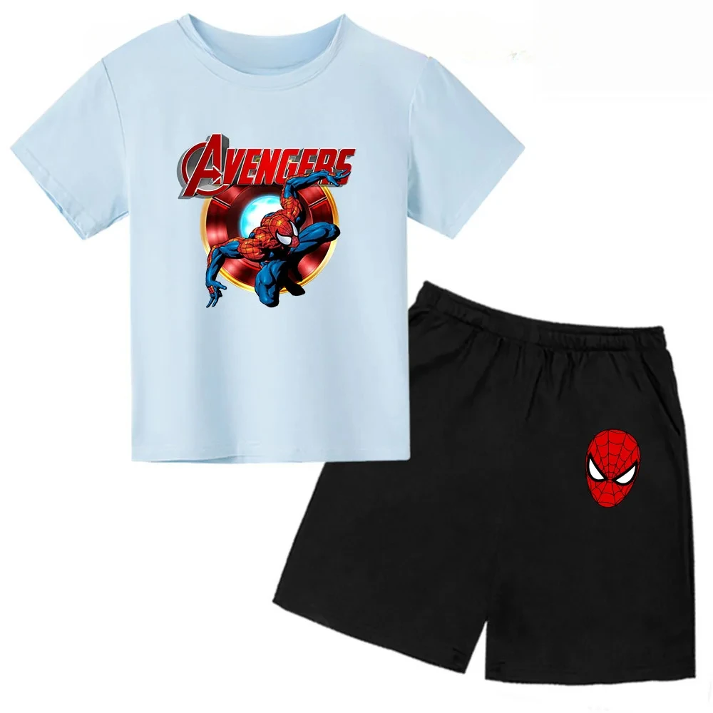 thumbnail image 1 of Conjunto de camiseta y pantalones cortos para niño y niña, de Marvel Avengers, Spider Man, Iron Man, divertido conjunto de 2 piezas de manga corta de verano para bebé y niño, 1 of 5