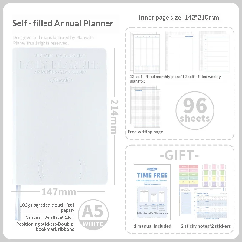 Planwith Undated Daily Planner - Premium A5 Notebook with 12 Monthly Plans, 53 Weekly Pages, Stickers, and Manual Organizer Journal