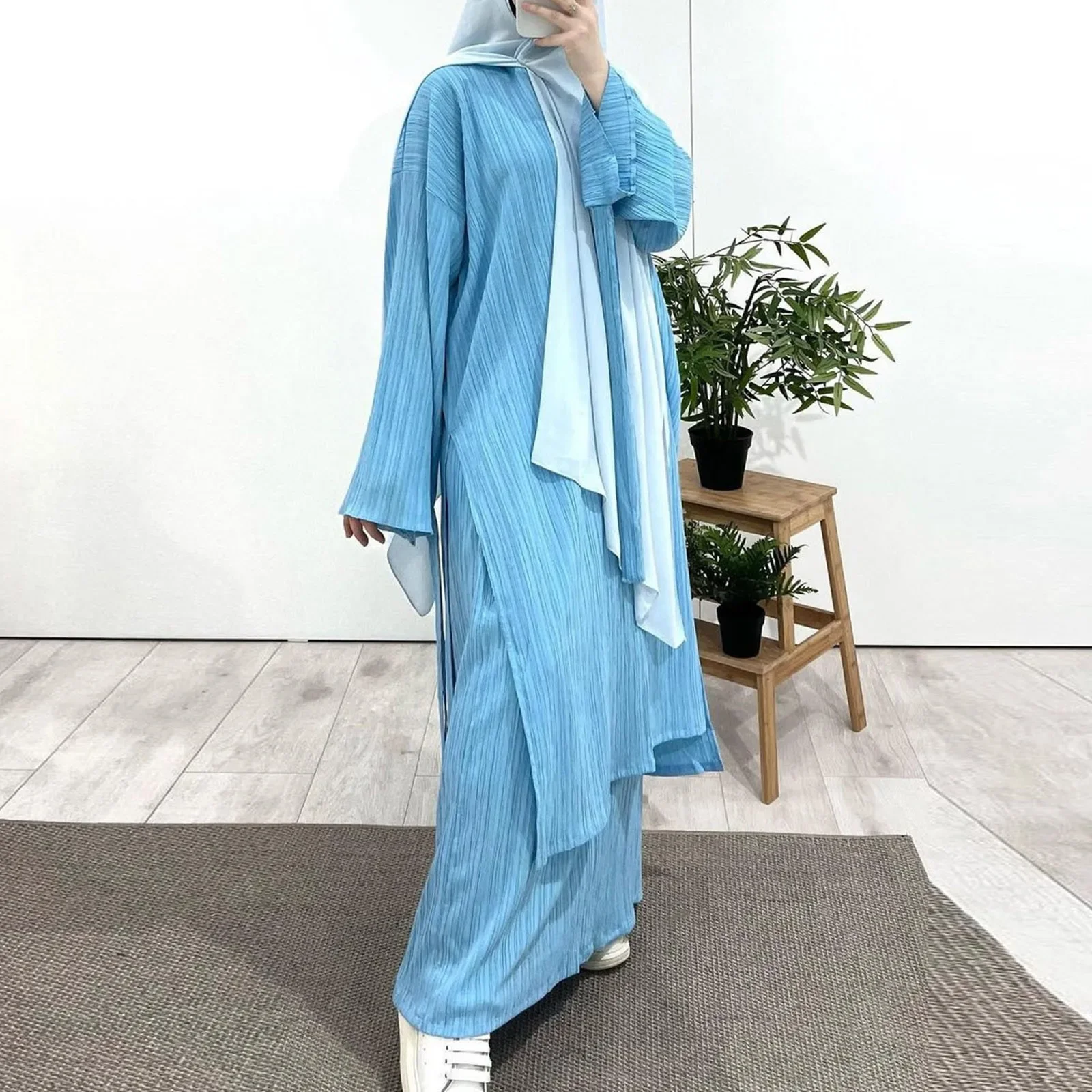 Arab Muslim Women Modest Dress 2024 New Mid Length Long Sleeve Wrinkled Pleated Robe Tops and Skirt Set Islam Abaya Robe - Image 2