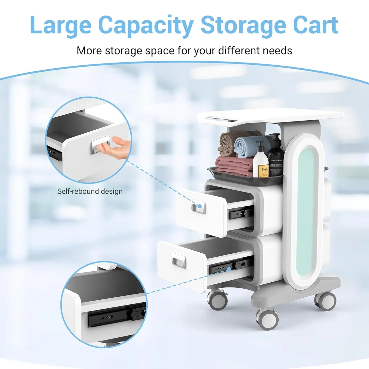 Beauty Storage Cart on Wheels with Drawer, Premium ABS for Safe Use, Load Capacity 220 Lbs, Heavy Duty Medical Cart for Spa,