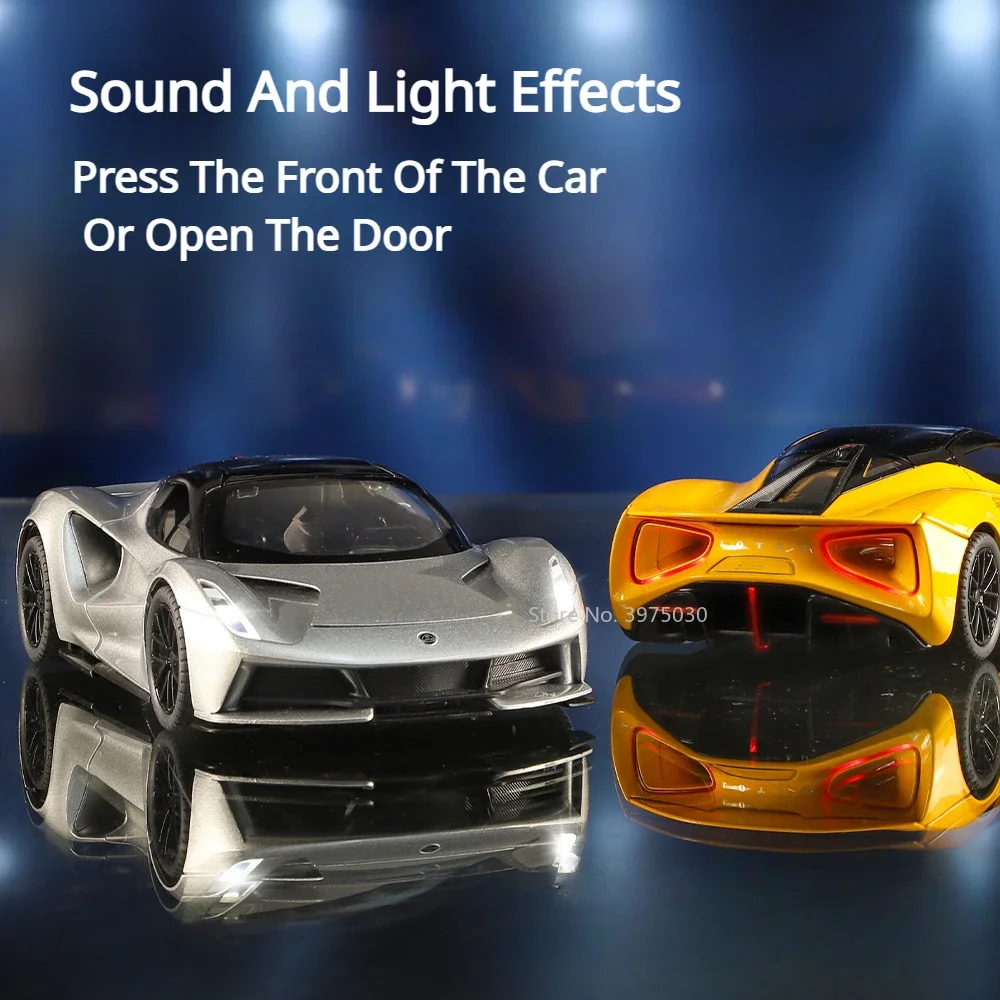 1:24 Lotus Evija Sports Car Model Toy Alloy Diecast Vehicles Doors Opened with Pull Back Sound Light Toys Christmas Gift for Boy 3