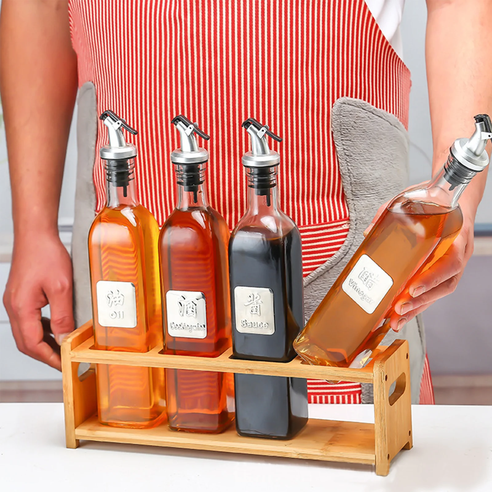 

Condiment Bottle Holder Dispenser Storage Rack Wooden Oil Bottle Shelf