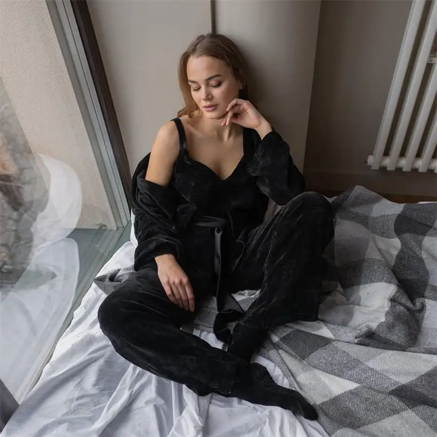 Knitted Women Pajama 3 Pieces Set Solid Autumn Winter Ladies Sleepwear Long Sleeve Long Pant Homesuit Kimono Suit For Female