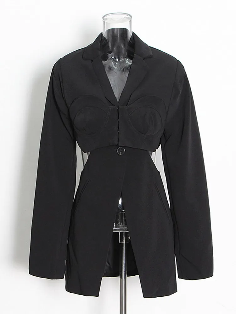 KBQ Spliced Button Hollow Out Split Blazer For Women Notched Collar Long Sleeve Patchwork Pocket Slimming Chic Blazers Female
