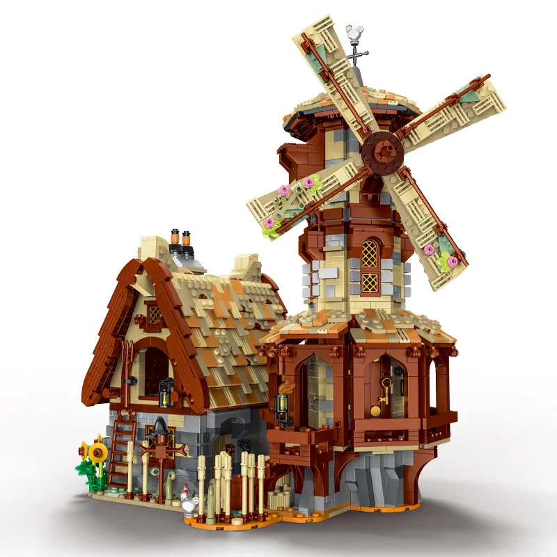 

MOC Medieval Windmill Mill Architecture Building Block set Rural Street View Windmill House Education Brick Kids Toys