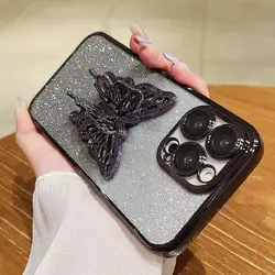 Spark 20 Glitter Plating Butterfly Phone Case with Holder and Bracket Cover - Spark 20 Pro Plus (Black)