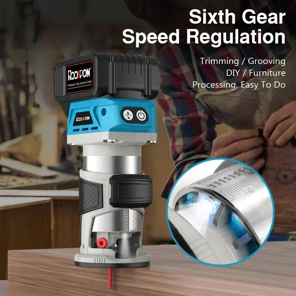 Wood Router 6/6.35/8mm 6 Speeds Electric Trimmer Cordless Wood Router Woodworking Engraving Slotting Power Home Tools for Makita 18V Battery